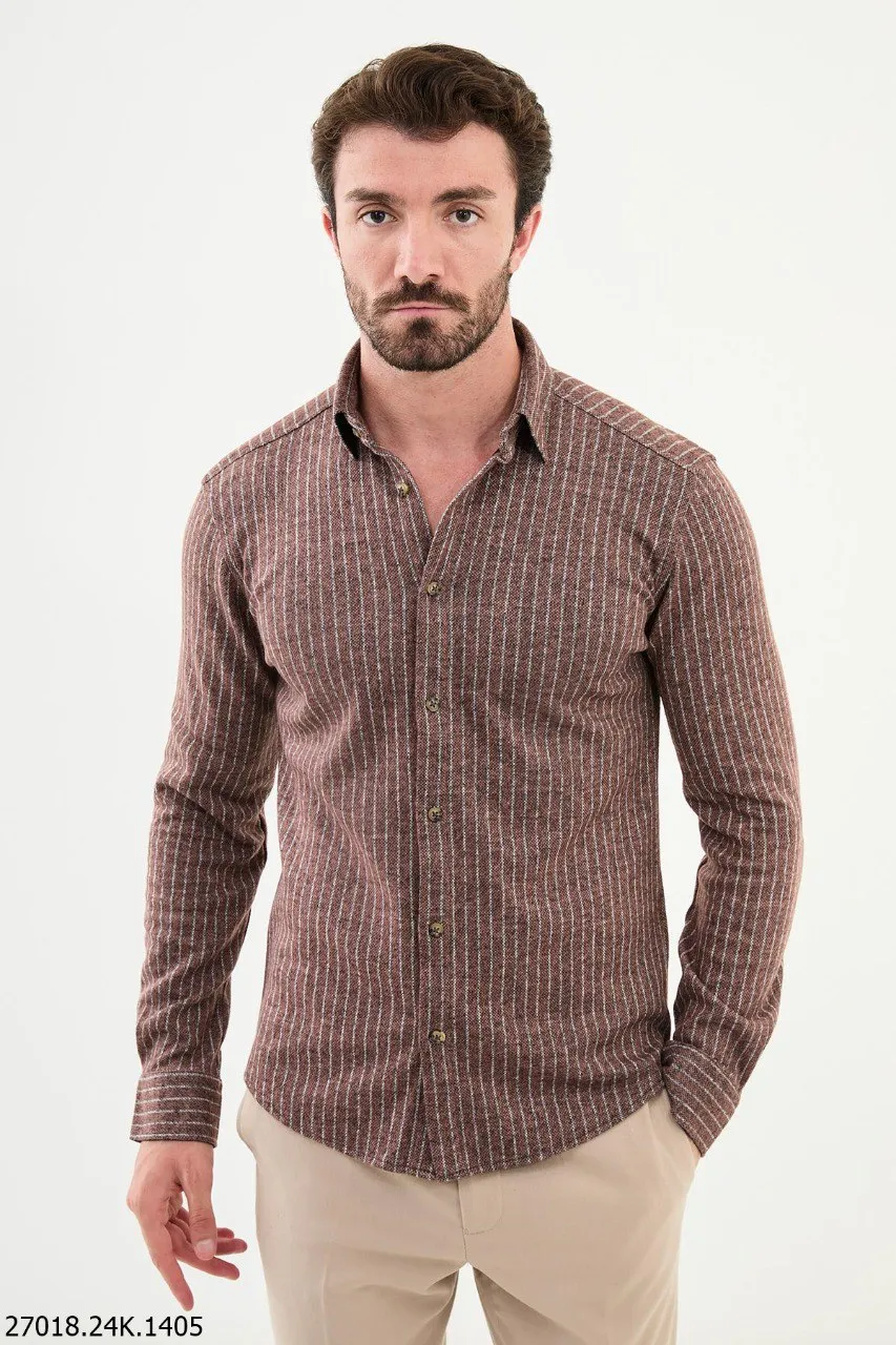 Men's Brown Striped Tile Textured Long-Sleeve Shirt.