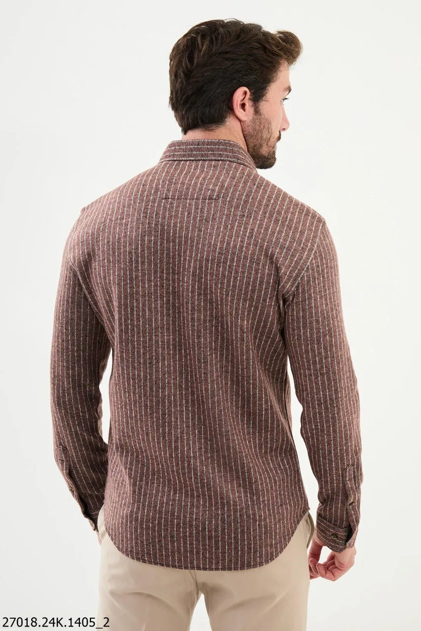 Men's Brown Striped Tile Textured Long-Sleeve Shirt.