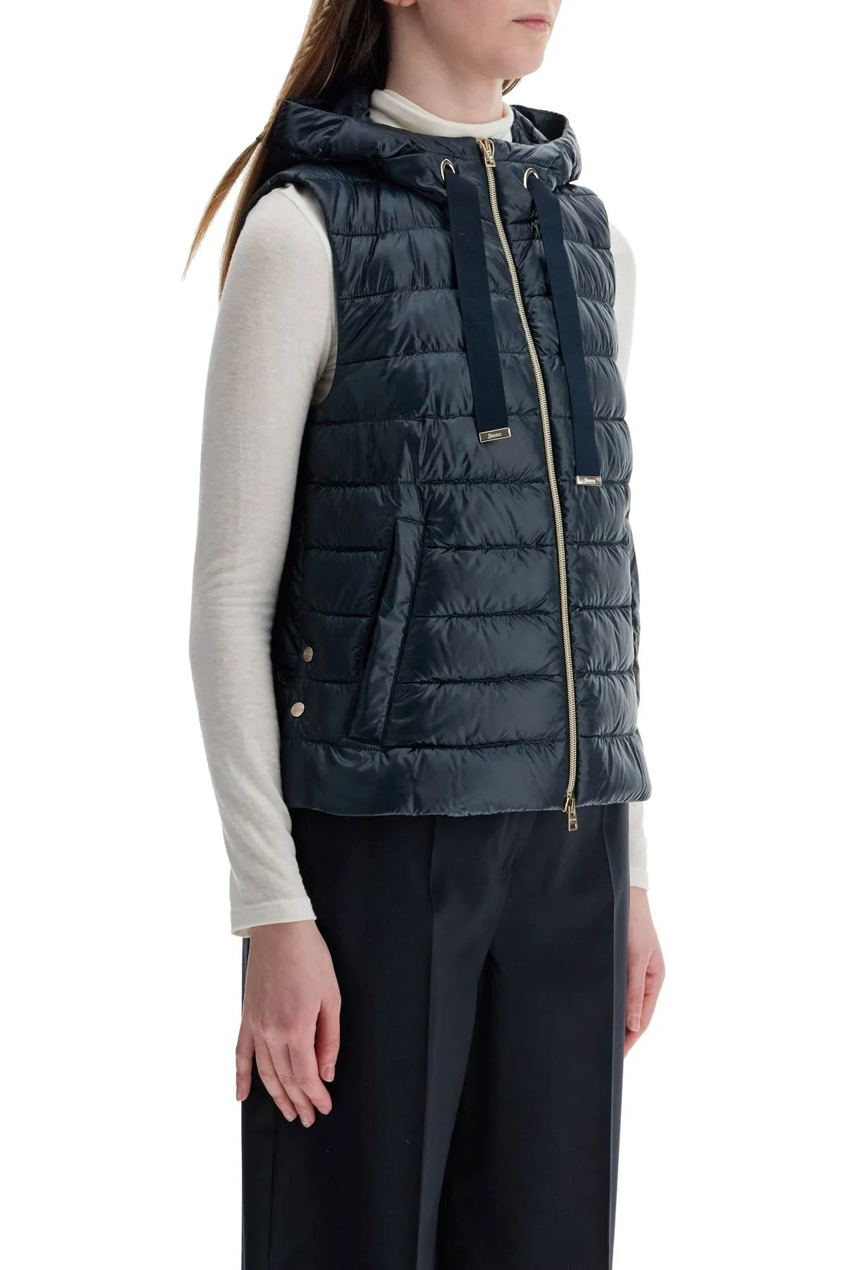 Mens Dark Blue Polyamide Gilet With Hood