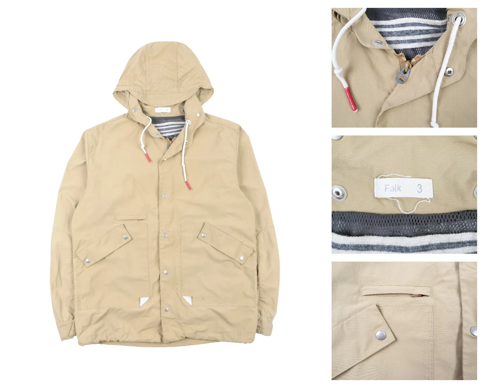 Men's FOLK Beige Hooded Outdoor Windrunner Jacket Size 3