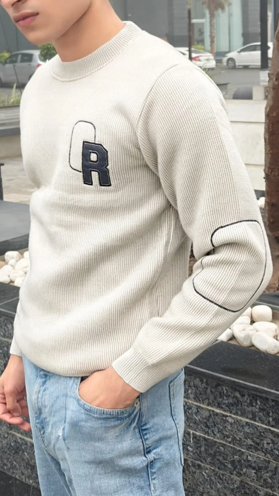 Mens imported white R sweater