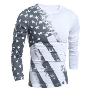 Mens Long Sleeves T-shirt Fashion White Gray Printing Round Neck Casual Top Tee