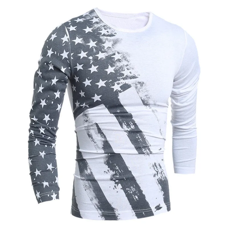 Mens Long Sleeves T-shirt Fashion White Gray Printing Round Neck Casual Top Tee