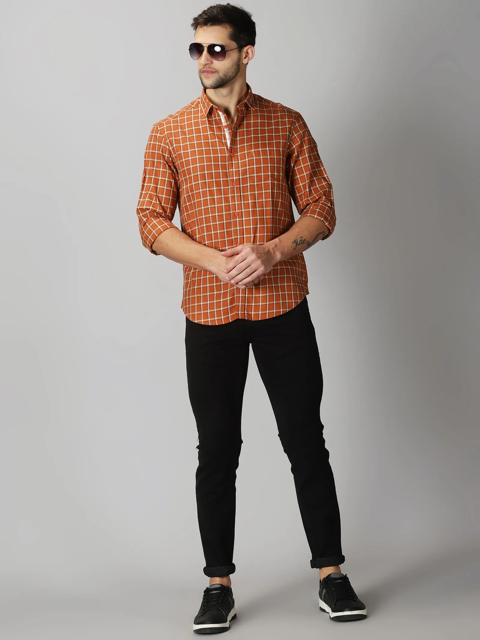 MEN'S ORANGE CHECKS SLIM FIT SHIRT