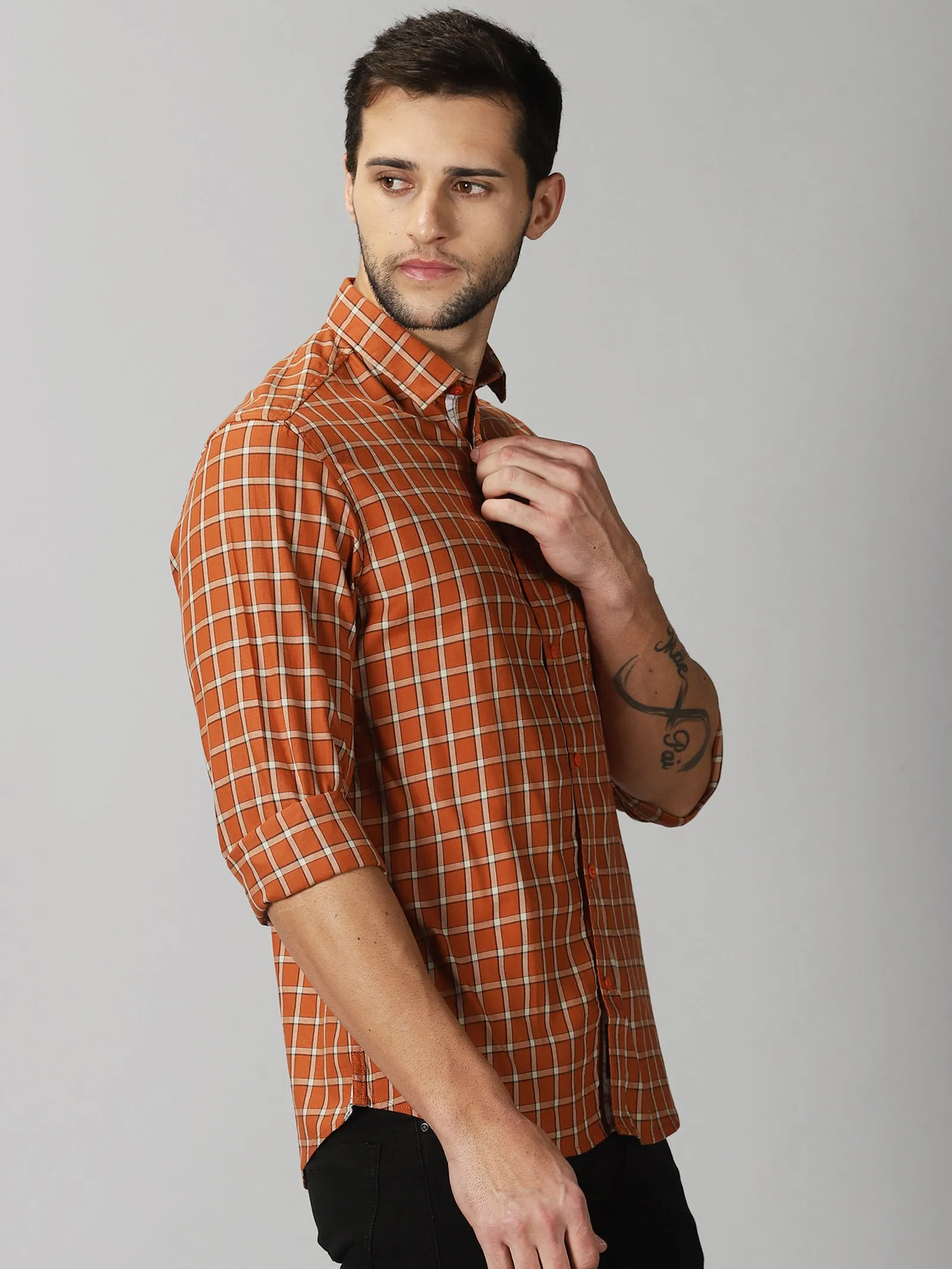MEN'S ORANGE CHECKS SLIM FIT SHIRT