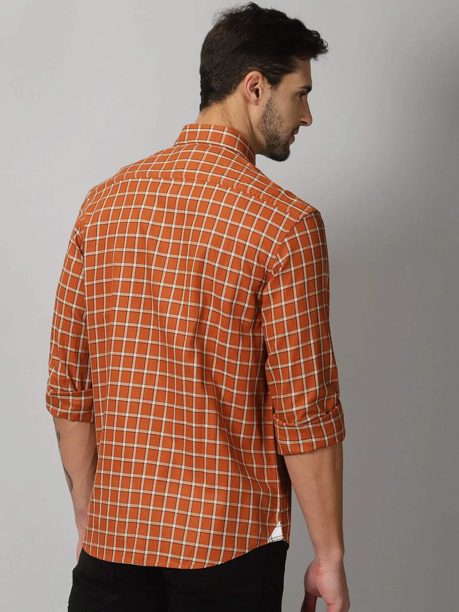 MEN'S ORANGE CHECKS SLIM FIT SHIRT