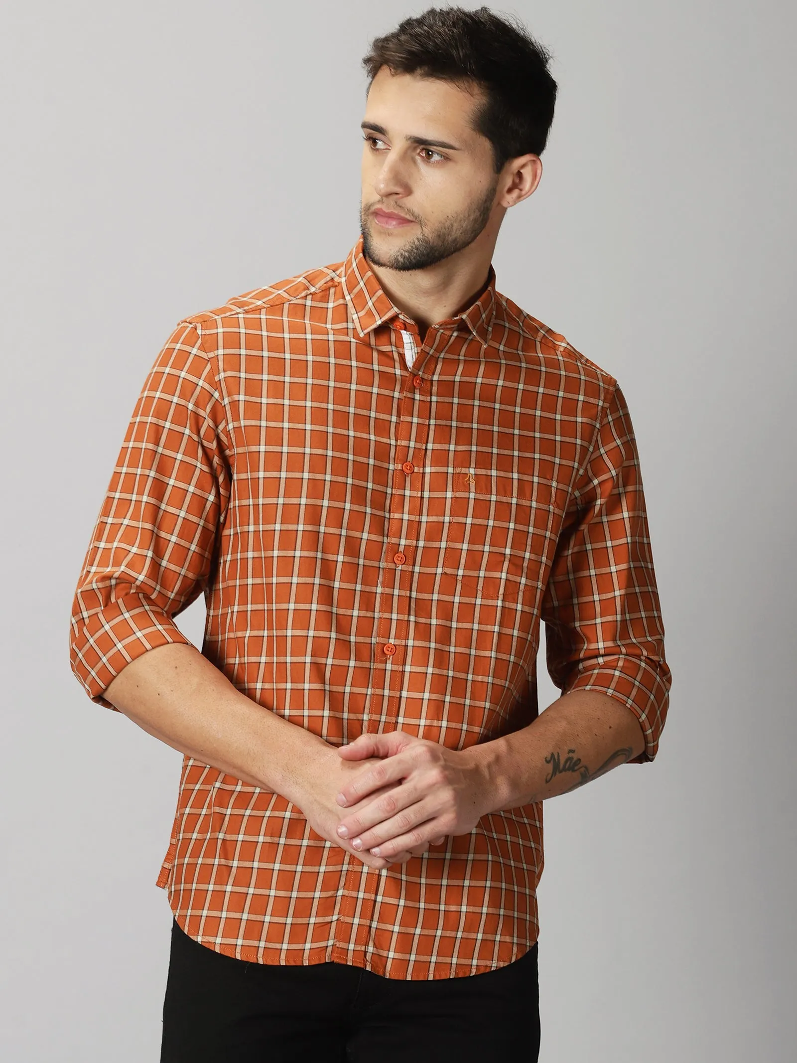 MEN'S ORANGE CHECKS SLIM FIT SHIRT