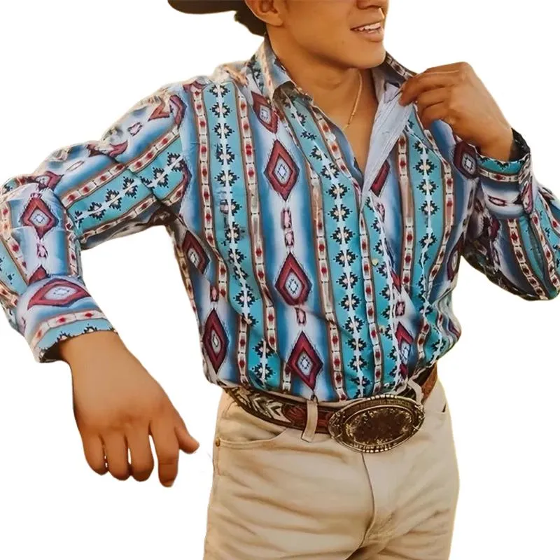 Men's Western Cowboy Stripe Printed Vacation Long Sleeve Shirt 43560067X