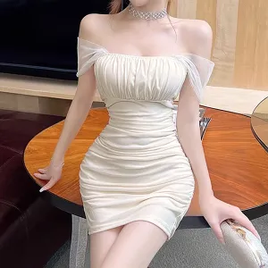 Mesh Sleeve Pleated High Waist Bodycon Dress