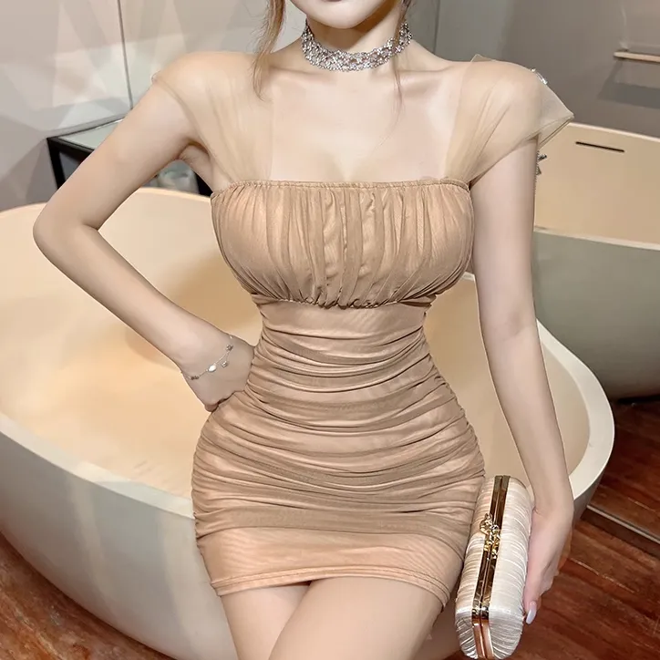 Mesh Sleeve Pleated High Waist Bodycon Dress