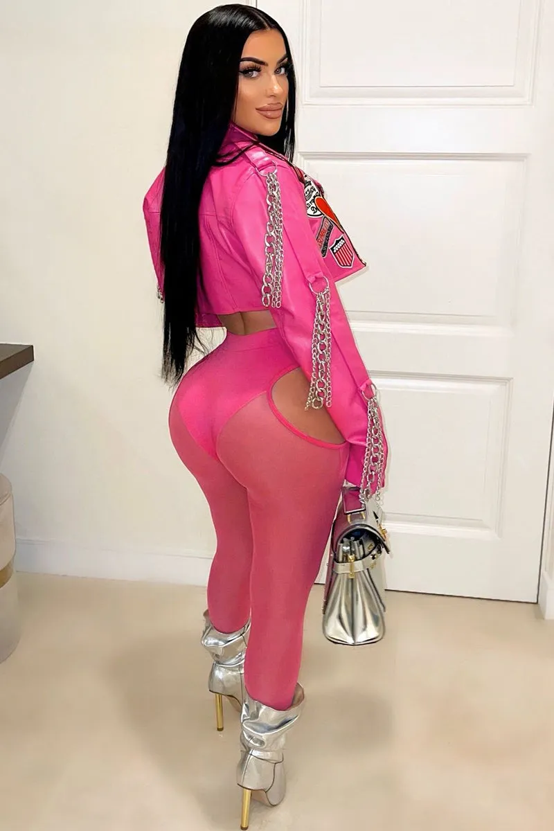 Metal Chain Pink Embroidery Crop Leather Jacket