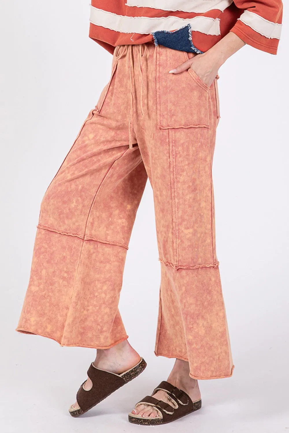 Mineral Washed Terry Wide Leg Pants Pink