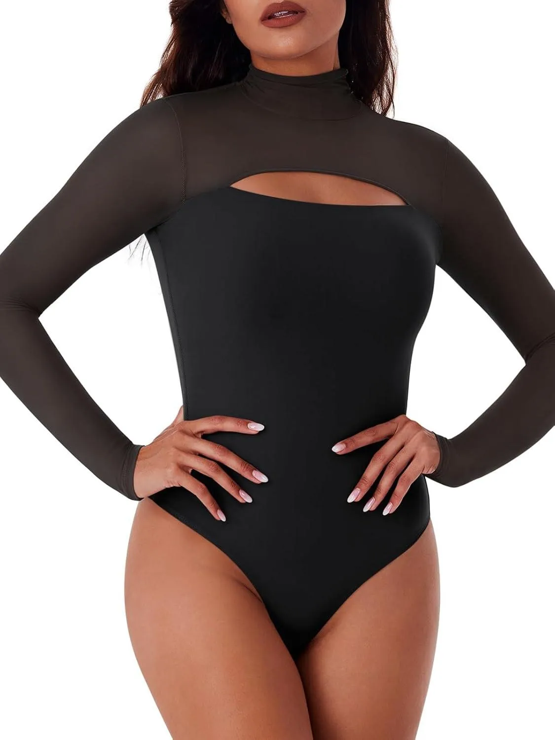 Mock Neck Long Sleeve Sheer Mesh Going Out Outfits