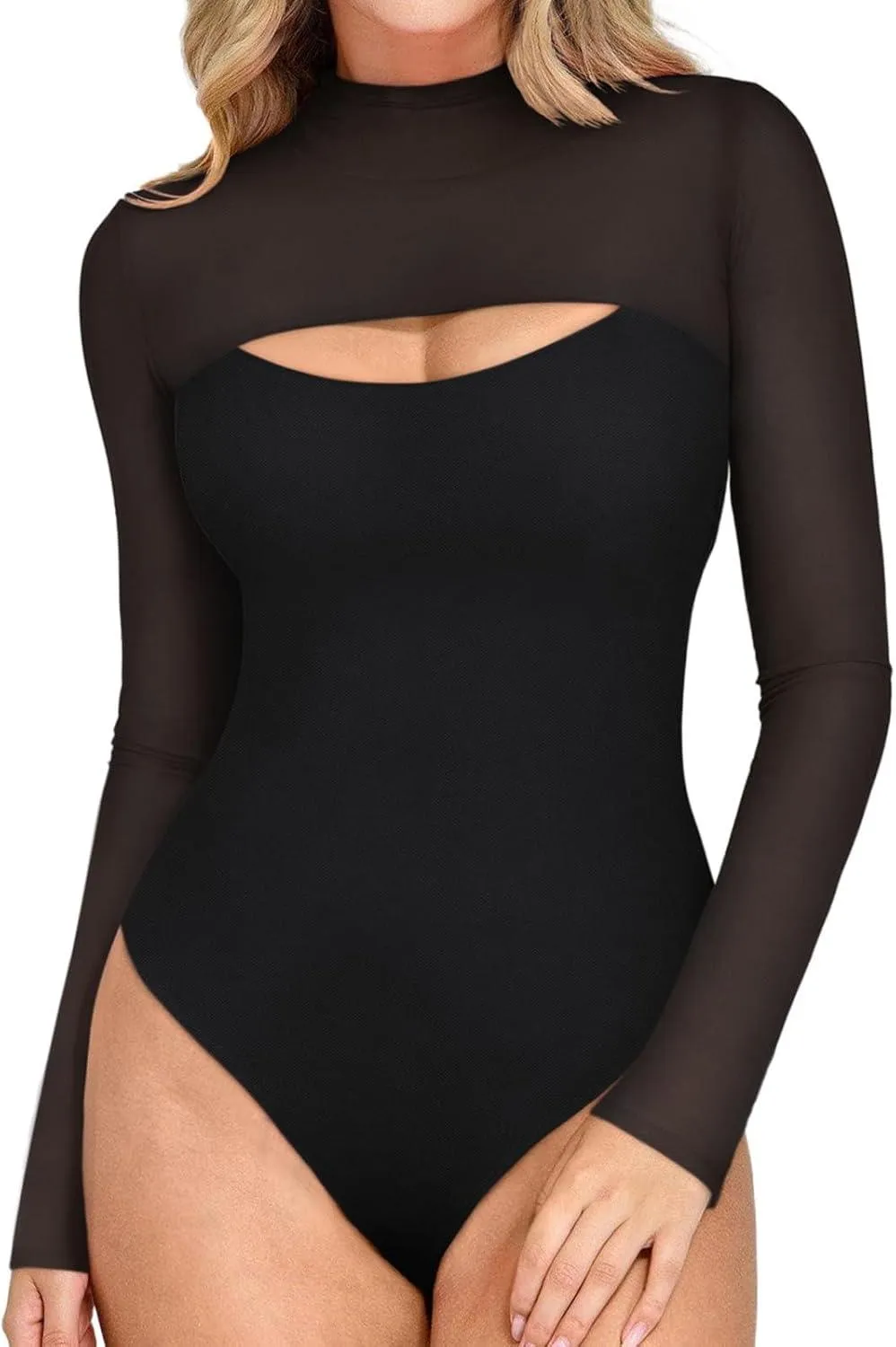 Mock Neck Long Sleeve Sheer Mesh Going Out Outfits