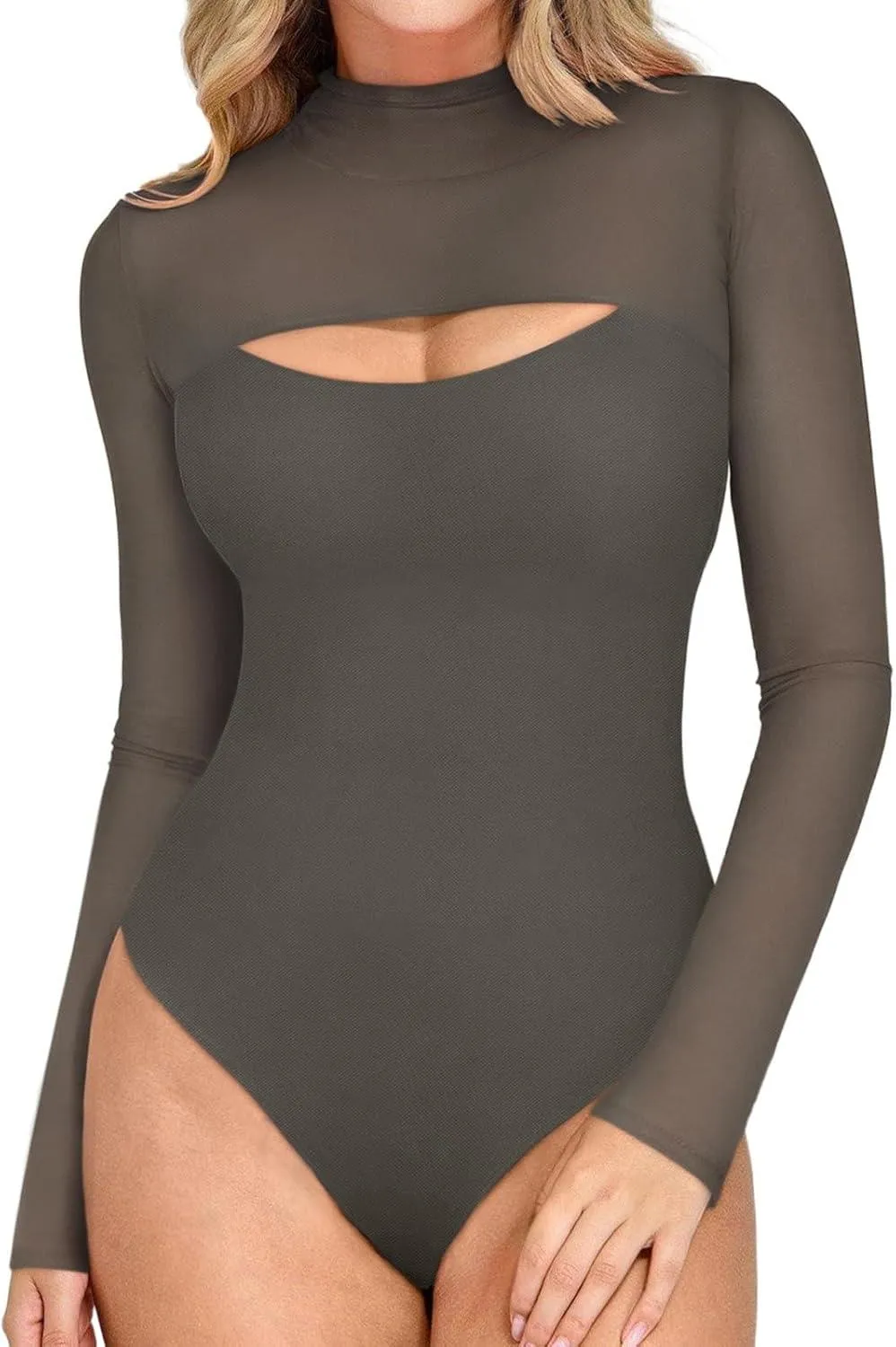 Mock Neck Long Sleeve Sheer Mesh Going Out Outfits