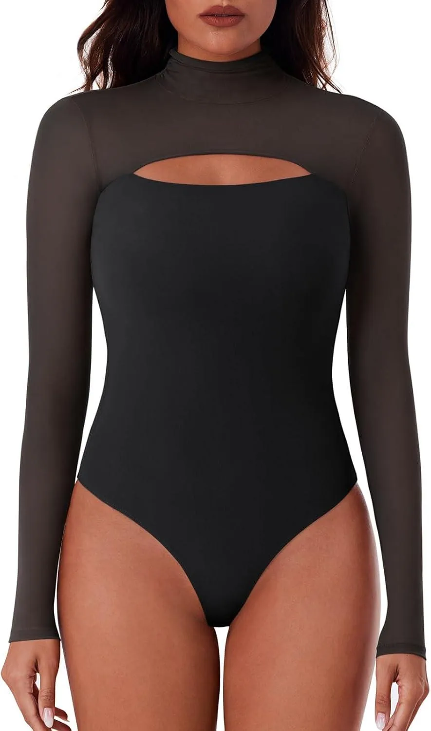 Mock Neck Long Sleeve Sheer Mesh Going Out Outfits