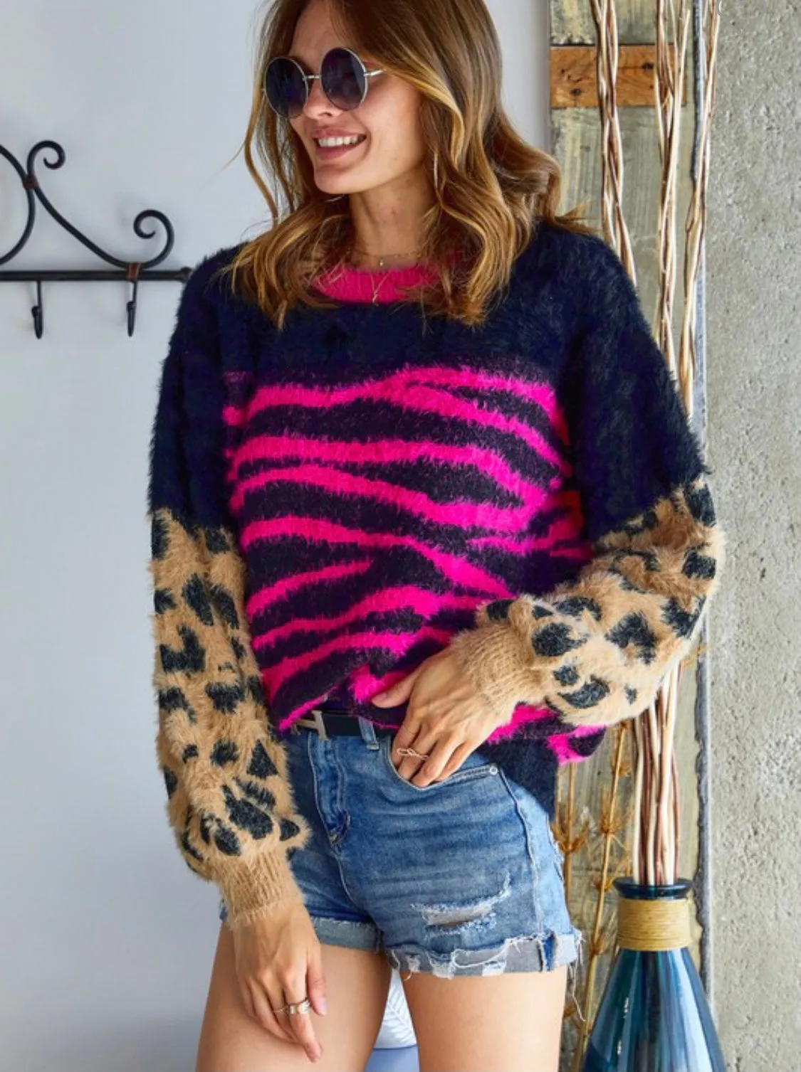 Multi Print Fuchsia Sweater