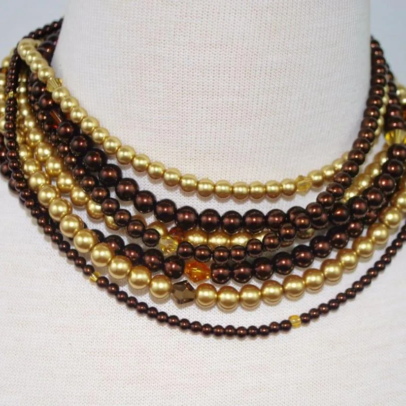 Multi Strand Brown/ Gold Two Toned Glass Pearls Necklace