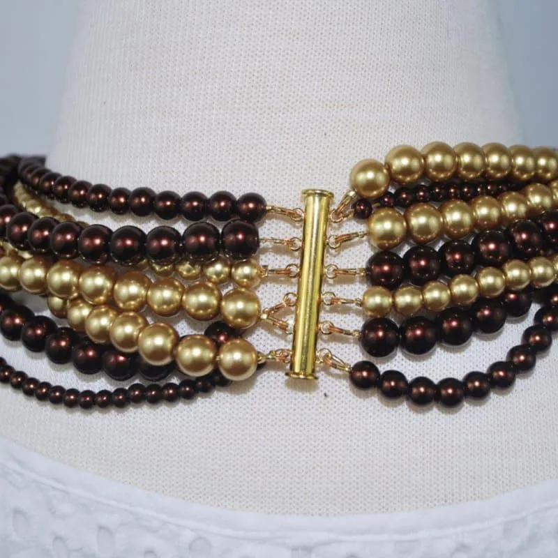 Multi Strand Brown/ Gold Two Toned Glass Pearls Necklace