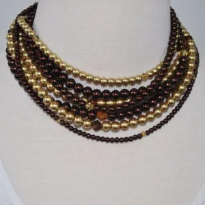 Multi Strand Brown/ Gold Two Toned Glass Pearls Necklace