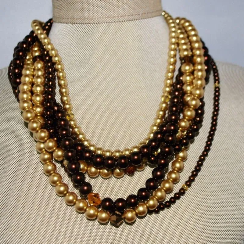 Multi Strand Brown/ Gold Two Toned Glass Pearls Necklace