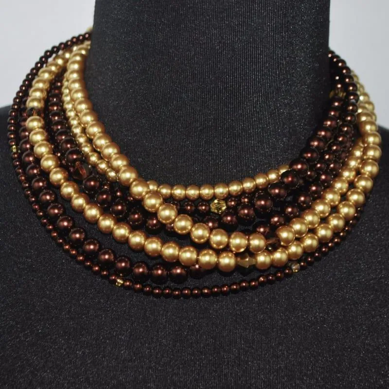 Multi Strand Brown/ Gold Two Toned Glass Pearls Necklace