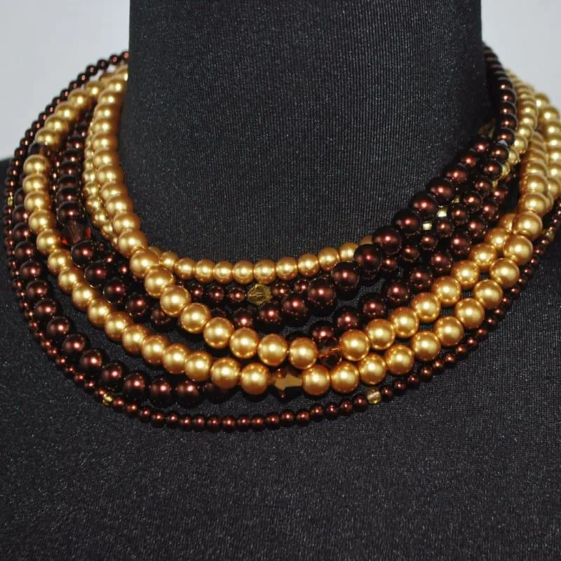 Multi Strand Brown/ Gold Two Toned Glass Pearls Necklace