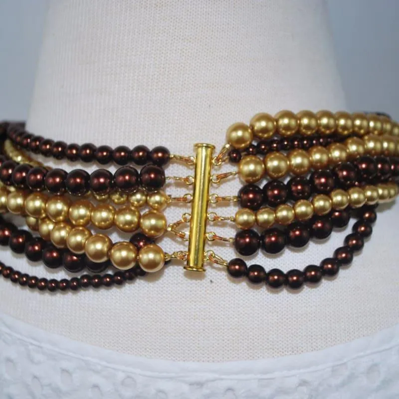 Multi Strand Brown/ Gold Two Toned Glass Pearls Necklace