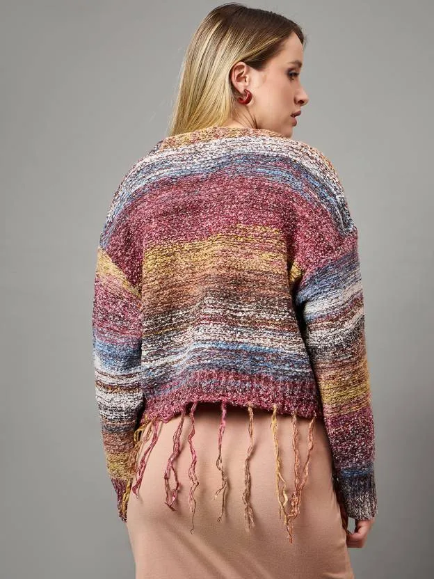Multicolor Self design V Neck Sweater