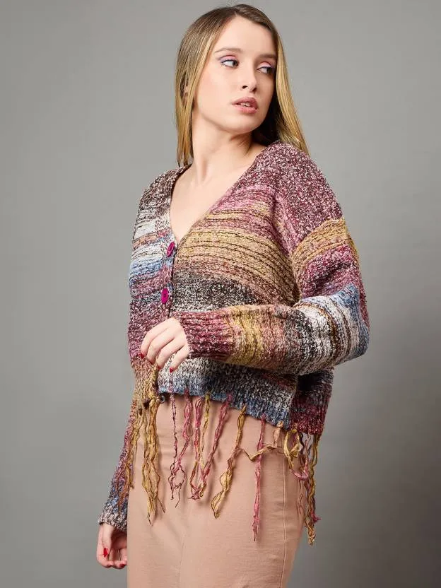 Multicolor Self design V Neck Sweater