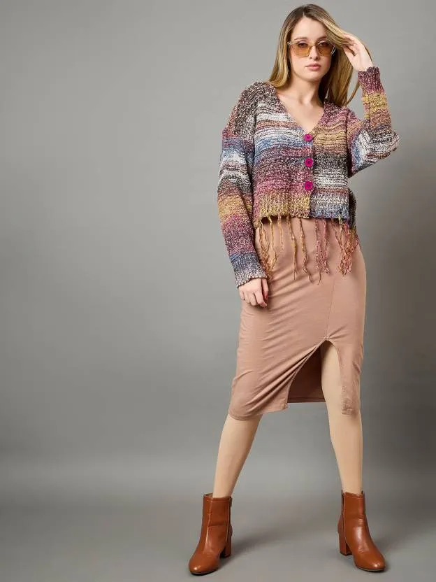 Multicolor Self design V Neck Sweater