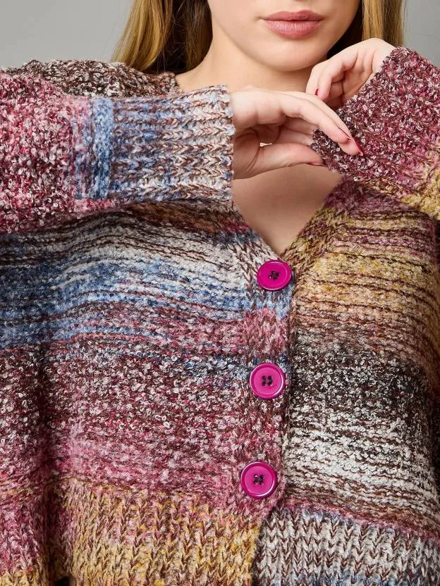 Multicolor Self design V Neck Sweater