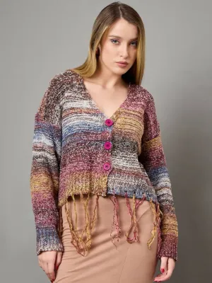 Multicolor Self design V Neck Sweater