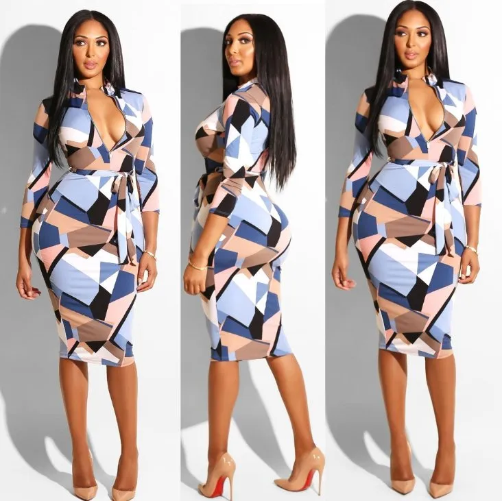 Multicolor zipper Neck Party  Bodycon Dress