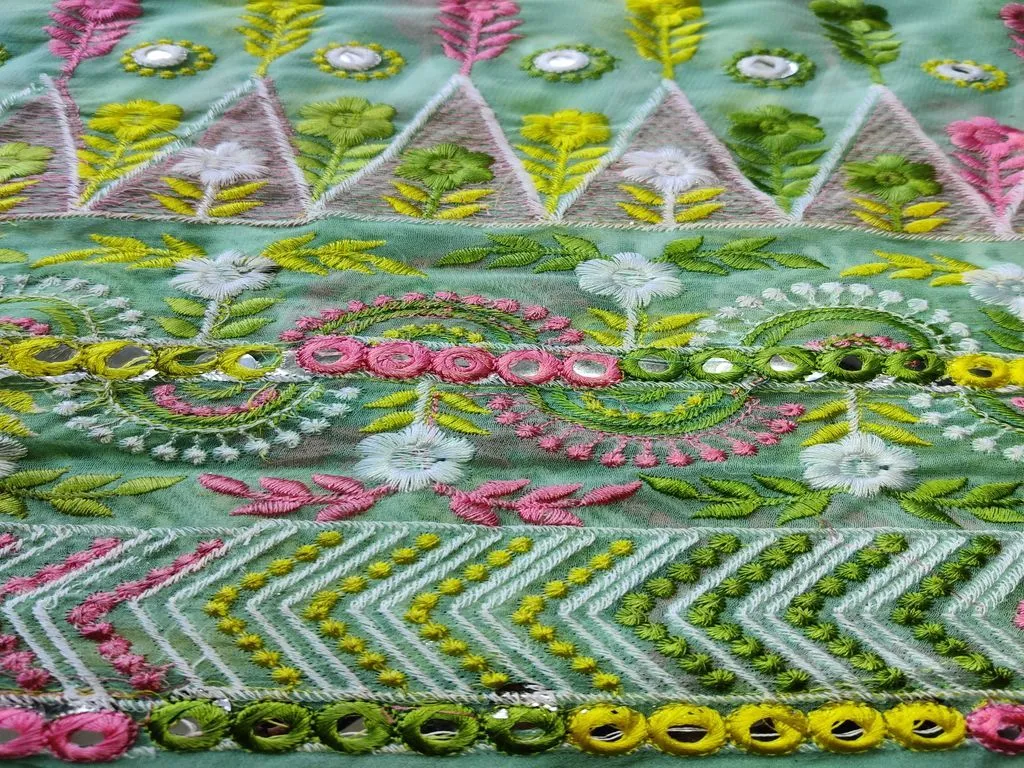 Multicolour Traditional Thread & Mirror Embroidered Georgette Fabric (Wholesale)