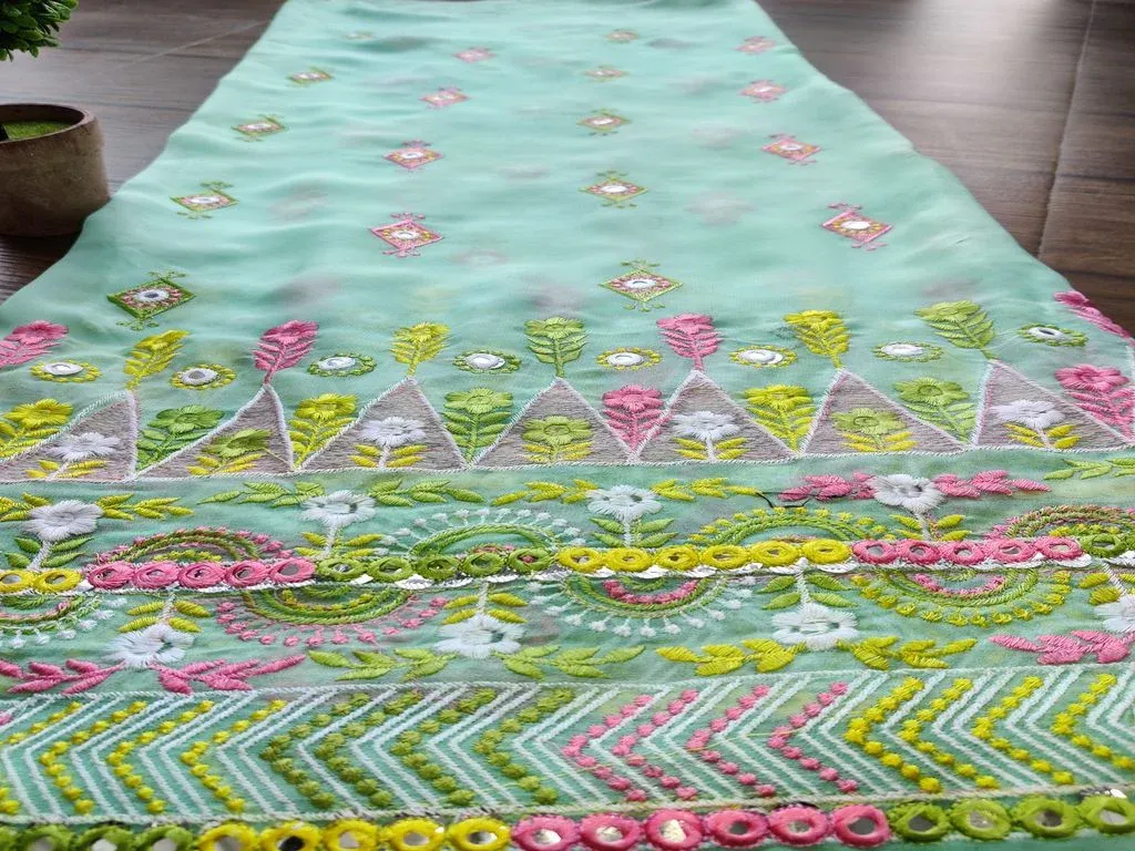 Multicolour Traditional Thread & Mirror Embroidered Georgette Fabric (Wholesale)