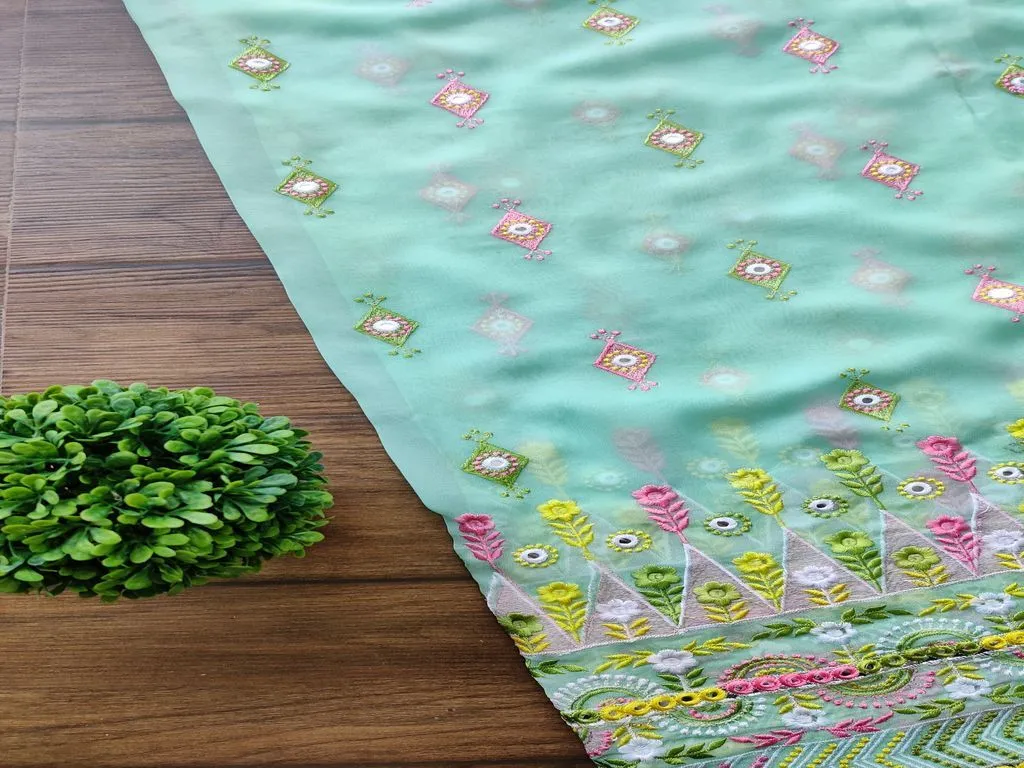 Multicolour Traditional Thread & Mirror Embroidered Georgette Fabric (Wholesale)