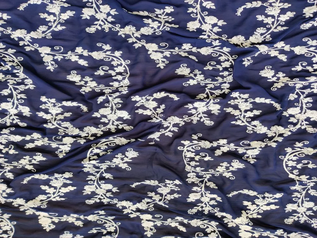 Navy Blue & White Traditional Chikankari Embroidery Georgette Fabric (Wholesale)