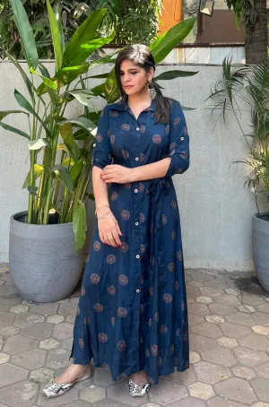 Navy Blue Printed Button Down Shirt  Gown With Belt