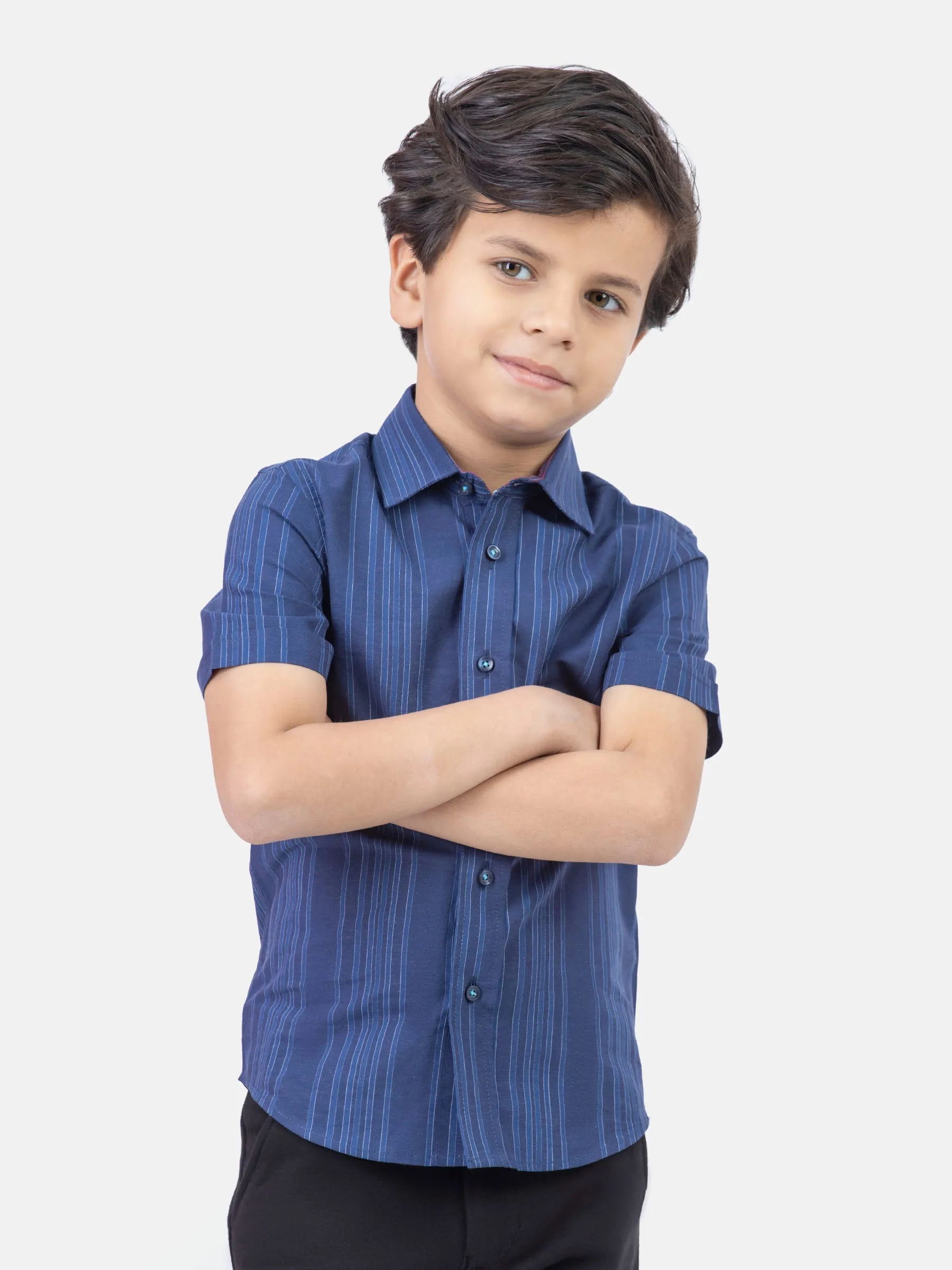 Navy Blue Striped Half Sleeve Casual Shirt