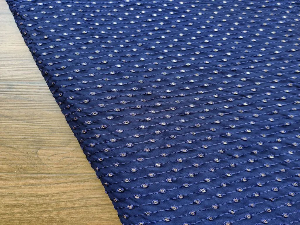 Navy Blue Stripes Thread & Sequins Georgette Fabric (Wholesale)