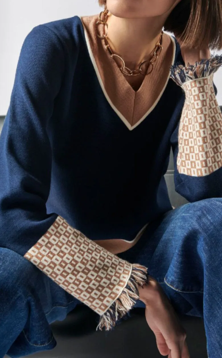 Navy camel v knit