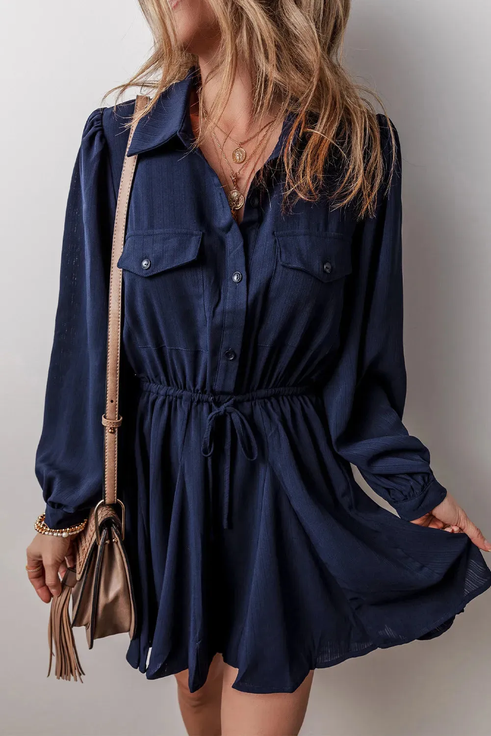 Navy Drawstring Half Button Long Sleeve Dress