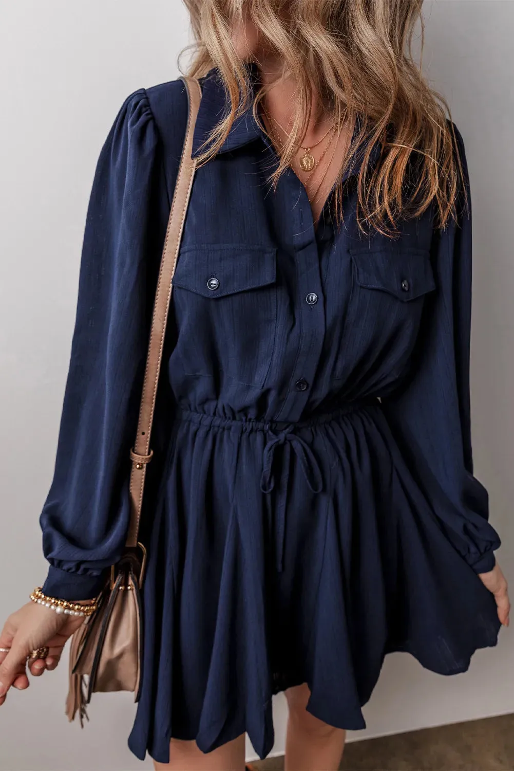Navy Drawstring Half Button Long Sleeve Dress