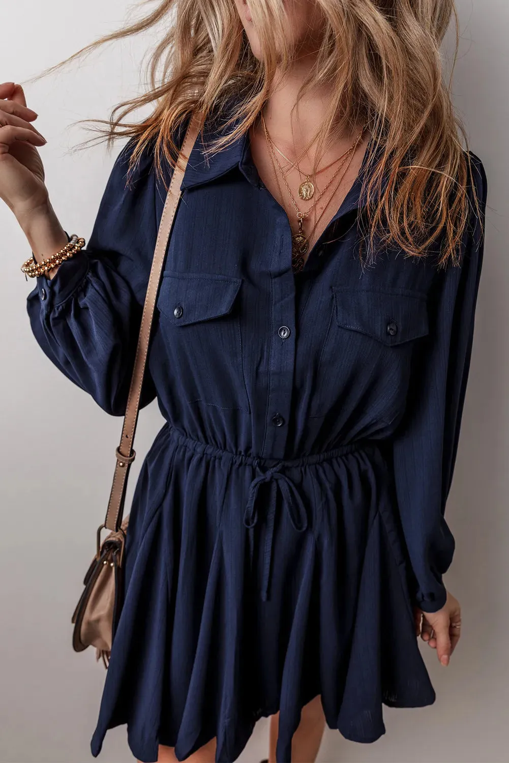 Navy Drawstring Half Button Long Sleeve Dress