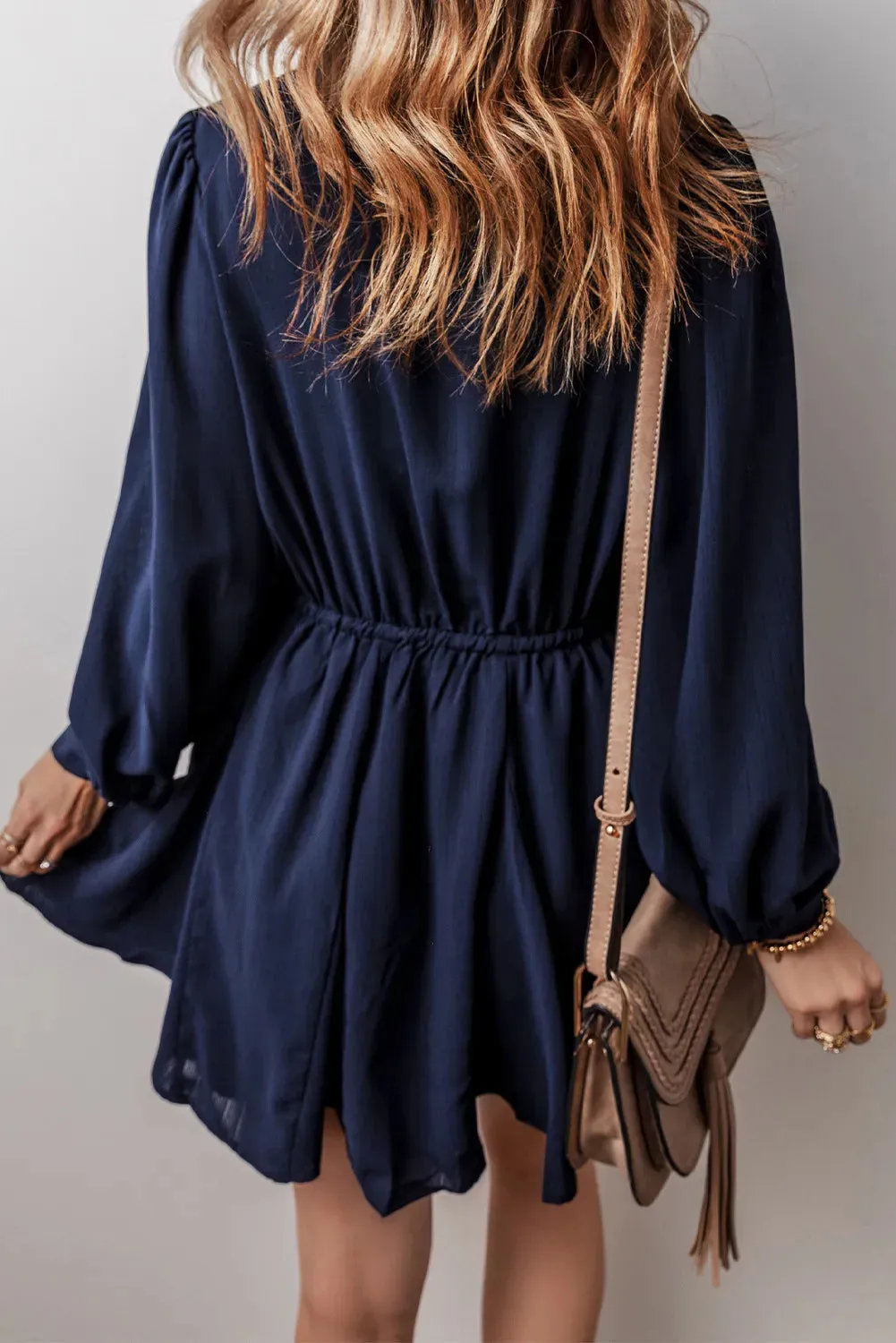 Navy Drawstring Half Button Long Sleeve Dress