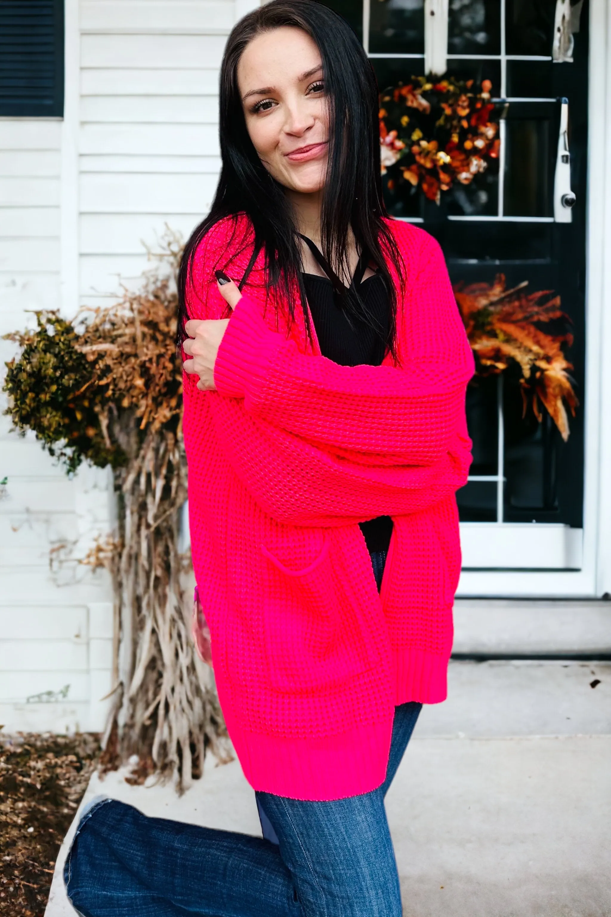 Neon Coral Fuchsia Waffle Knit Cardigan
