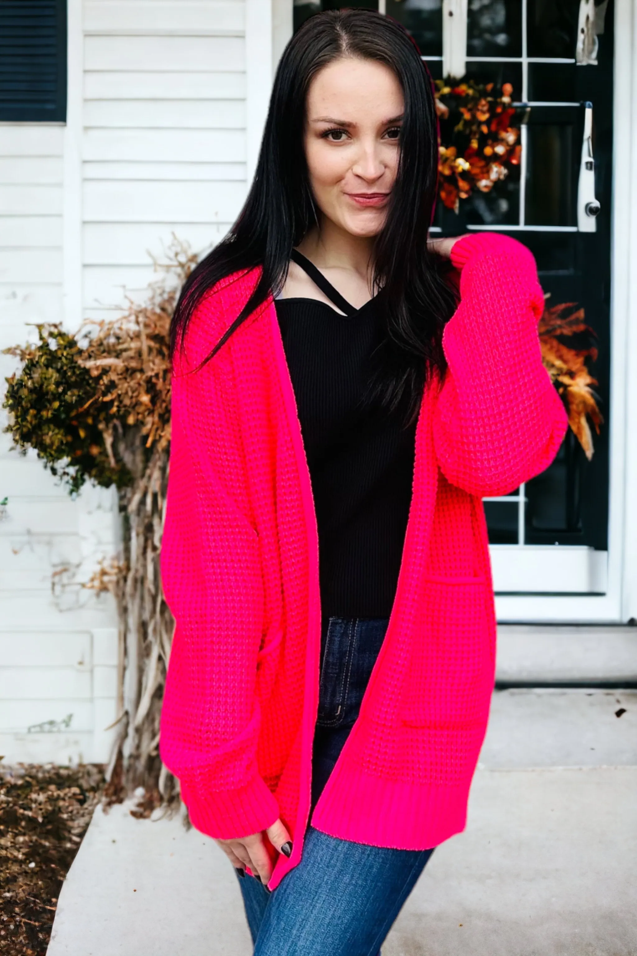 Neon Coral Fuchsia Waffle Knit Cardigan