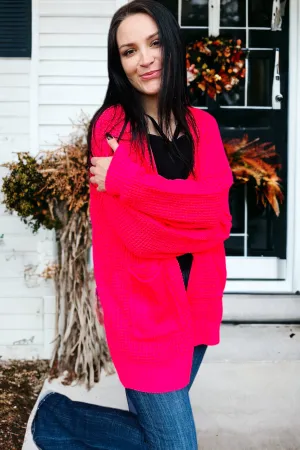 Neon Coral Fuchsia Waffle Knit Cardigan