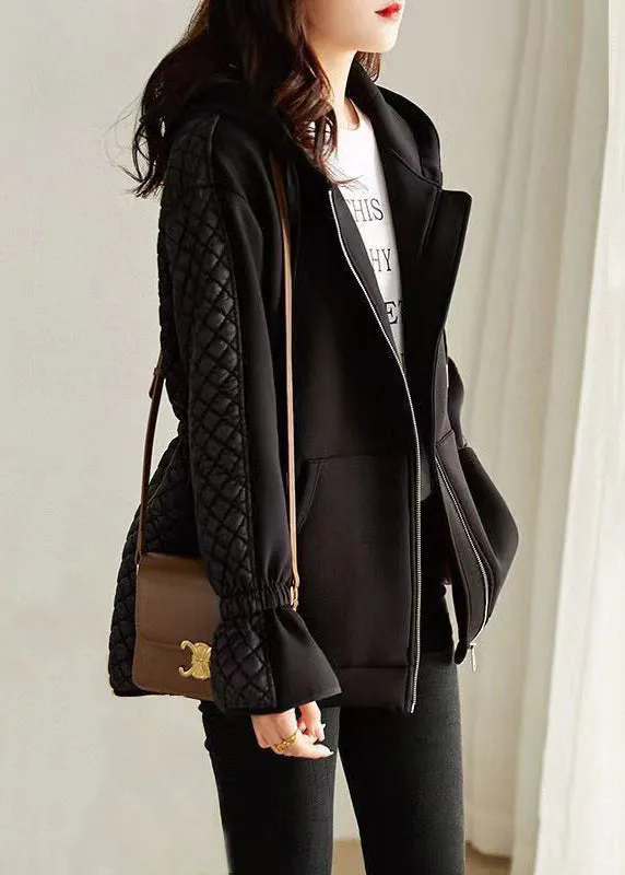 New Black Hooded Zippered Patchwork Thin Cotton Coat Winter LY9627